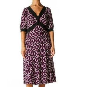 NWT DONNA MORGAN FIT & FLARE V-NECK BLACK, PURPLE & WHITE BELTED DRESS SIZE 2